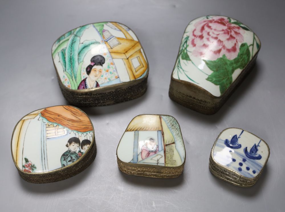 Five Chinese porcelain and metal boxes, each inset with painted porcelain cover, largest 14cm high